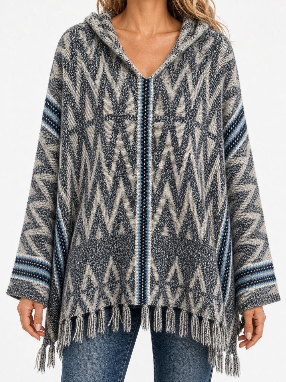 Wearing Your Heart On Your Sleeve Hooded Fringe Knit Boho Poncho Sweater Size S